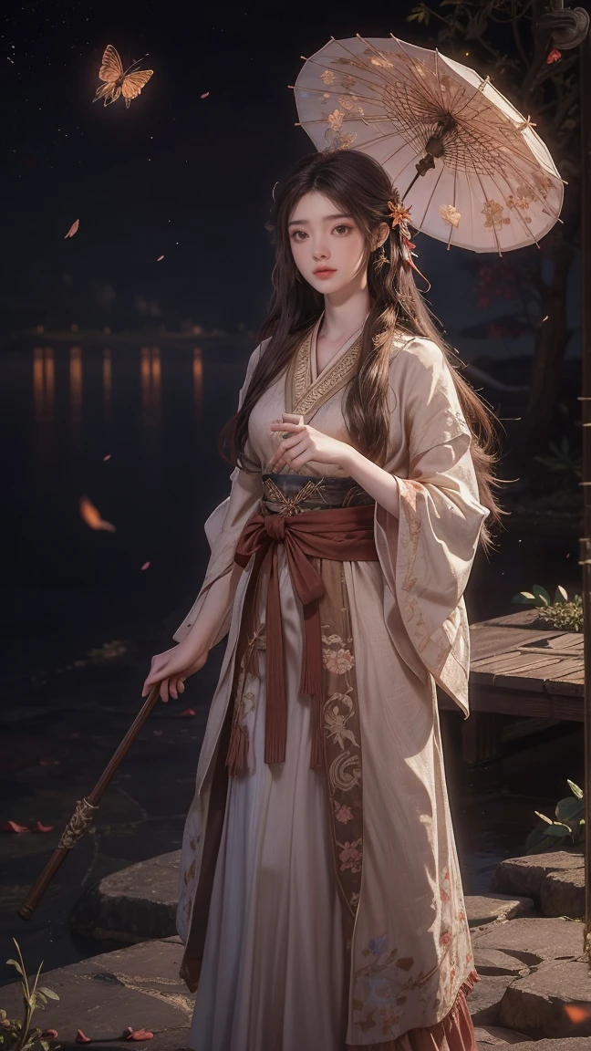 1girl, beautiful girl with long brown hair,Smiling sweetly, cheerfully, a girl wearing a hanfu, a girl standing under the moonlight with glowing butterflies surrounding her,The girl is holding a plain paper umbrella,The beautiful girl was so elegant and enchanting, flower petals fell around the girl, beautiful, magical, romantic 