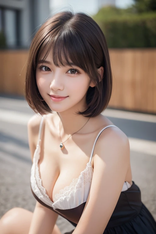 girl, White skin, ((Dark brown short tiered hair)), V cut with layers and bangs, Brown eyes, Soft atmosphere characteristics (Highest quality, Ultra-high resolution, 8K, RAW Photos, Ultra-high resolution: 1.2, masterpiece: 1.3), (Realistic, Realistic: 1.37), Very detailed, Professional Lighting, Photon Mapping, Radio City, Physically Based Rendering, One Girl, (high school girl), Sharp focus:1.2、Beautiful woman:1.4,cute, Nice, Adorable, smile, Normal chest, necklace、(Cleavage)、ta、Cafe