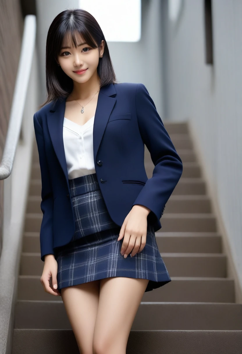 8K, Ultra-high resolution, Highest quality, masterpiece, 三分割法によるphotograph,Surreal, photograph, 1 Girl, (:1.3), pretty girl, Cute face, Beautiful eyes in every detail, 細かくdetailedに,masterpiece,, One Girl:1.2, Japan Female Announcer、Cowboy Shot,((very small head:1.3)),Center-parted bangs,amount,Black Hair,Short Bob,Long Hair,Iris,Gorgeous eyes,smile,((Toned body,Slender body,skinny)),(school uniform、Dark blue blazer jacket、Navy blue tie、Grey plaid pleated mini skirt,loafers),Glowing Skin,Shiny skin,Climbing the stairs,Fire escape in a building,Back view,Turn around and look at the audience,Beautiful leg line beauty,Captivating thighs,Full of sex appeal,Sensual,屈託のないsmile,Heal the heart,Ultra low angle、beauty,Long neck、Laugh a little、Please close your mouth and laugh、(((Ideal body type))),A cup small breasts :2,、Portraiture:2、Perfect Anatomy、鮮明なdetailed、detailed、Surreal、Light and shadow,Strong light