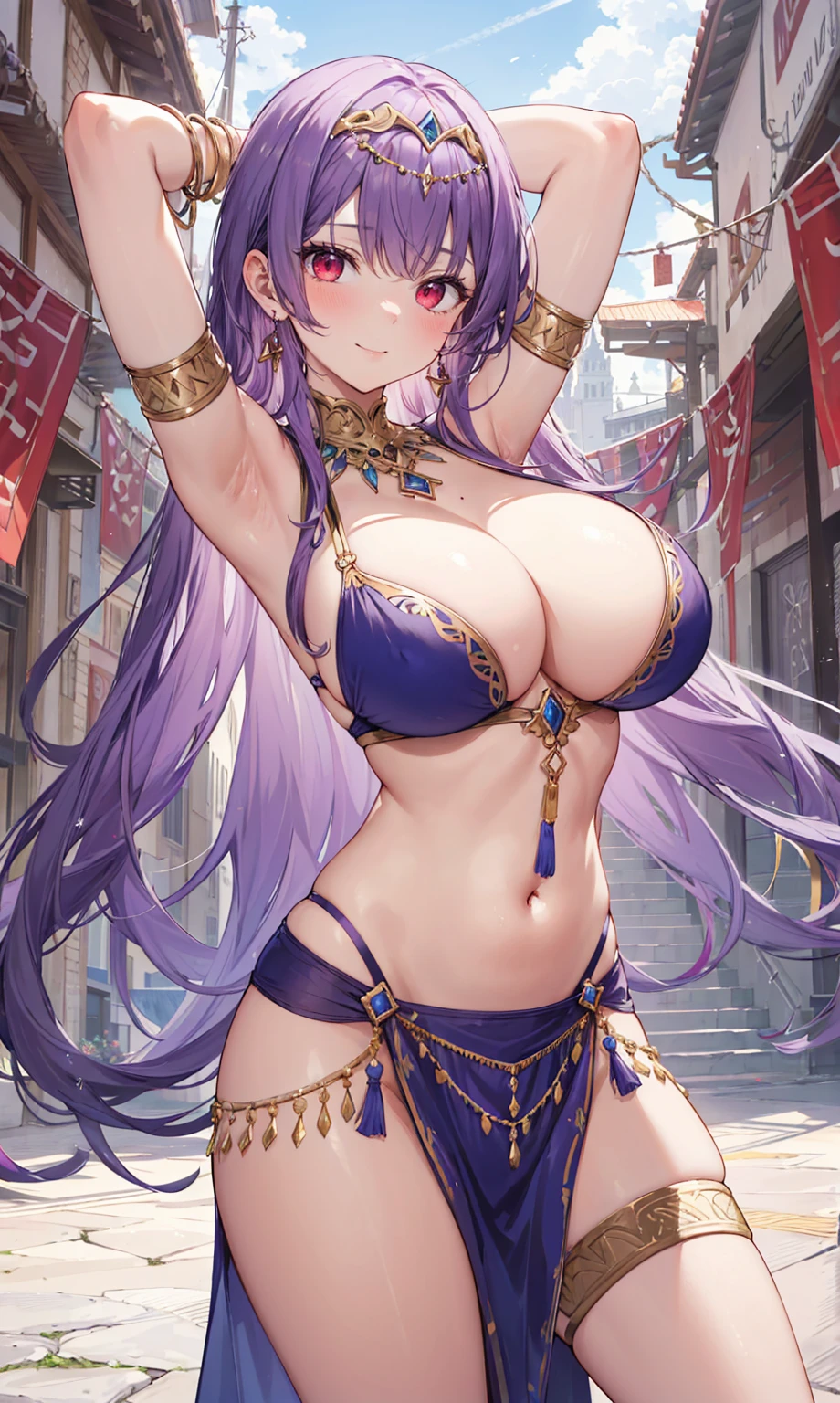 high quality, ultra detailed, best quality, insanely detailed, beautiful, masterpiece, 1girl, medieval plaza, cowboy shot, red eyes, long hair, purple hair, belly dancer, circlet, earrings, armlets, bracelets, bashful smile, large breasts, cleavage, soft stomach