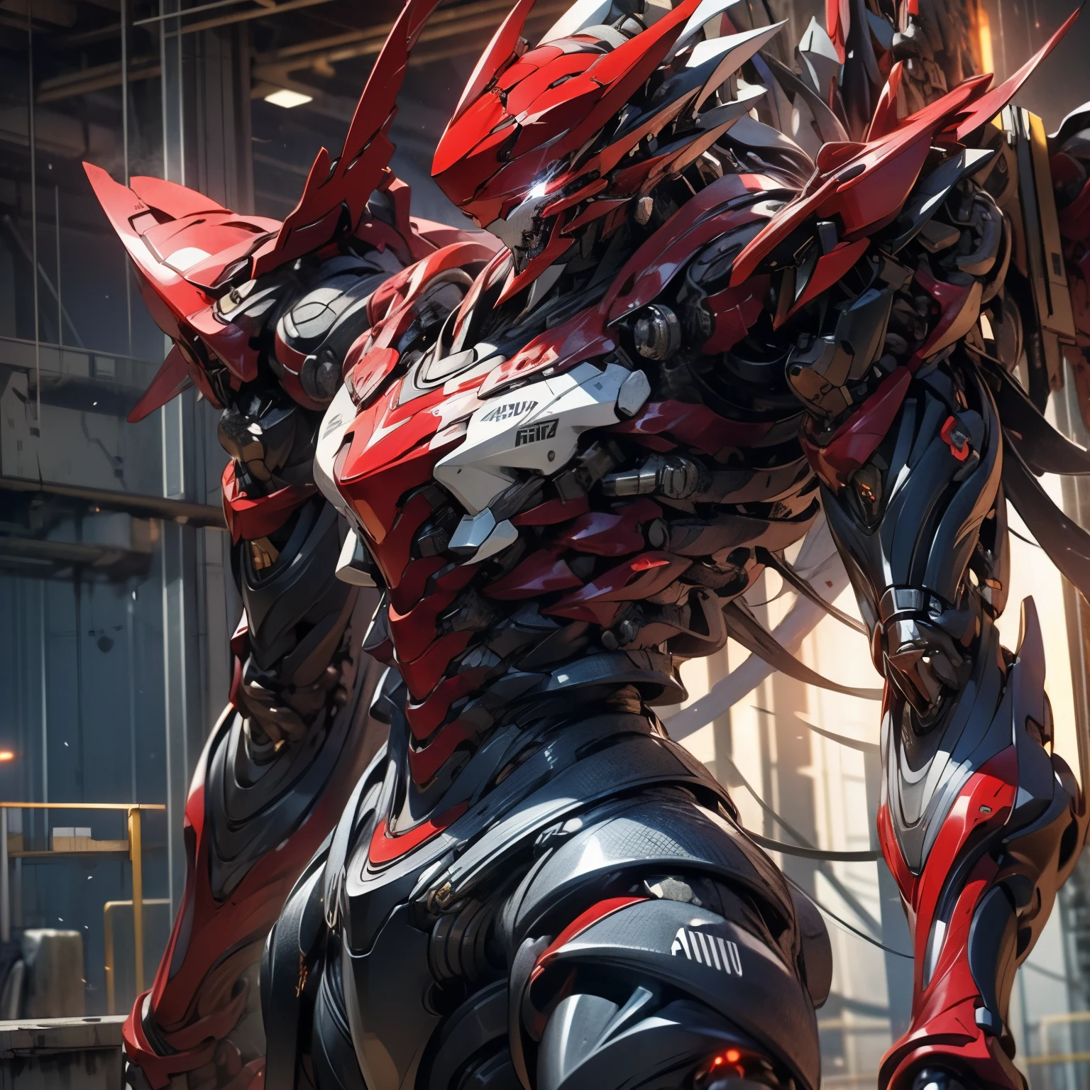 Blood red mech with beige accents. With structure made of animal bones, vivid red eyes, fit the tribal appearance and average body. He carried with him a spear made of bones with red details.. Non-human, Extremely detaild, 4K UHD, HDR, naturallight, cinematic lighting, masterpiece-anatomy-perfect, ultra HD, Space Combat, Battlefield, RAW photo, metallic, ultra-fine painting, perfect body proportions, anatomically correct, real texture material, Anti-Aliasing, TXAA, SSAO, Post Processing, Post Production, Tone Mapping, CGI, VFX, SFX, Hyper maximalist, ultra photorealultra-detailed intricate details.