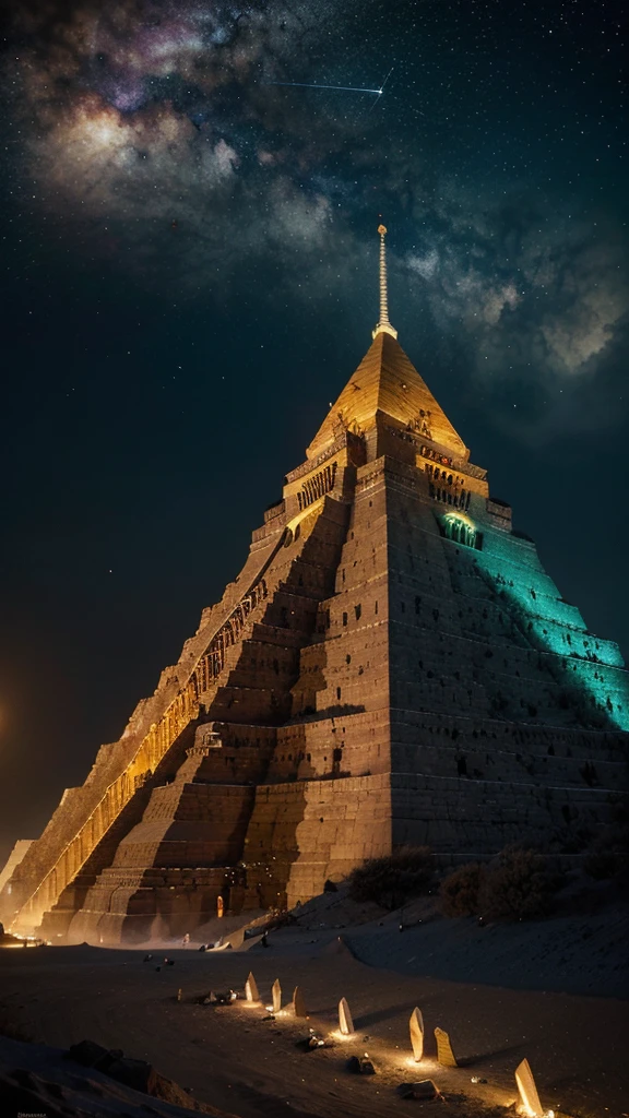 "Create an image that represents important milestones in human history, using vibrant colors and abstract patterns. The image must include historical figures, significant monuments and events, like the pyramids of Egypt, The great Wall of China, the Renaissance, the Industrial Revolution and space exploration. Each element must be stylized with geometric shapes and psychedelic patterns, highlighting its unique features. Use a palette of intense and varied colors, like red, Blue, greens, yellows and purples, to create a surreal and captivating atmosphere. The composition must be harmonious and detailed, with each historical figure and monument displaying complex patterns and vibrant colors. The image should convey a sense of mystery and wonder, capturing the grandeur and diversity of human history through a unique and impactful visual style."