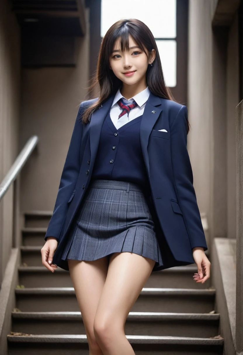 8K, Ultra-high resolution, Highest quality, masterpiece, 三分割法によるphotograph,Surreal, photograph, 1 Girl, (16 years old:1.3), pretty girl, Cute face, Beautiful eyes in every detail, 細かくdetailedに,masterpiece,, One Girl:1.2, Japan Female Announcer、Cowboy Shot,((very small head:1.3)),Center-parted bangs,amount,Black Hair,Short Bob,Long Hair,Iris,Gorgeous eyes,smile,((Toned body,Slender body,skinny)),(school uniform、Dark blue blazer jacket、Navy blue tie、Grey plaid pleated mini skirt,loafers),Glowing Skin,Shiny skin,Climbing the stairs,Fire escape in a building,Back view,Turn around and look at the audience,Beautiful leg line beauty,Captivating thighs,Full of sex appeal,Sensual,屈託のないsmile,Heal the heart,Ultra low angle、beauty,Long neck、Laugh a little、Please close your mouth and laugh、(((Ideal body type))),A cup small breasts :2,、Portraiture:2、Perfect Anatomy、鮮明なdetailed、detailed、Surreal、Light and shadow,Strong light