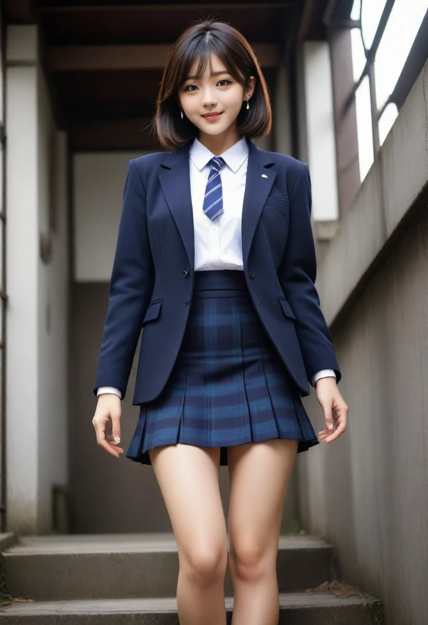 8K, Ultra-high resolution, Highest quality, masterpiece, 三分割法によるphotograph,Surreal, photograph, 1 Girl, (16 years old:1.3), pretty girl, Cute face, Beautiful eyes in every detail, 細かくdetailedに,masterpiece,, One Girl:1.2, Japan Female Announcer、Cowboy Shot,((very small head:1.3)),Center-parted bangs,amount,Black Hair,Short Bob,Long Hair,Iris,Gorgeous eyes,smile,((Toned body,Slender body,skinny)),(school uniform、Dark blue blazer jacket、Navy blue tie、Grey plaid pleated mini skirt,loafers),Glowing Skin,Shiny skin,Climbing the stairs,Fire escape in a building,Back view,Turn around and look at the audience,Beautiful leg line beauty,Captivating thighs,Full of sex appeal,Sensual,屈託のないsmile,Heal the heart,Ultra low angle、beauty,Long neck、Laugh a little、Please close your mouth and laugh、(((Ideal body type))),A cup small breasts :2,、Portraiture:2、Perfect Anatomy、鮮明なdetailed、detailed、Surreal、Light and shadow,Strong light