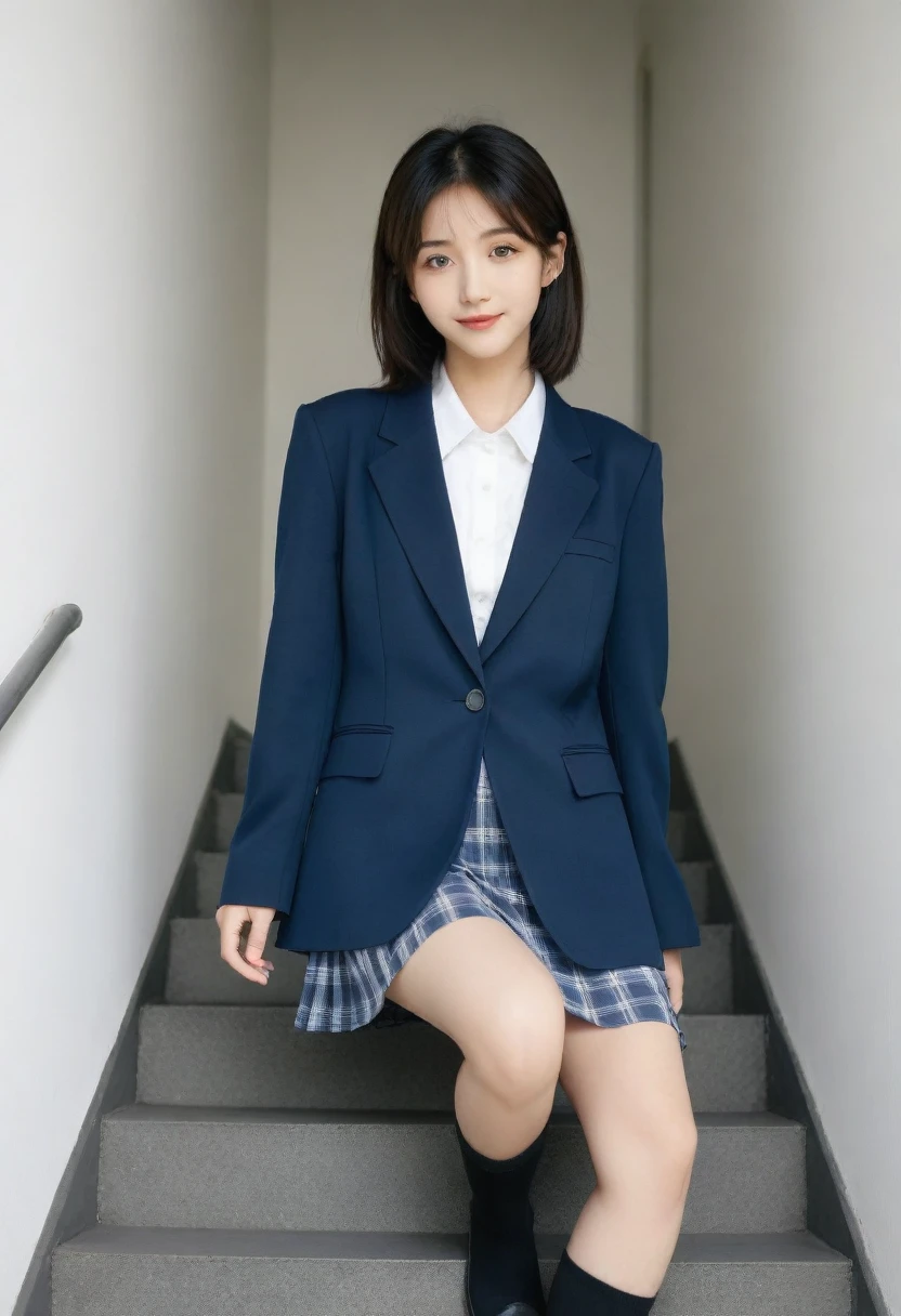 8K, Ultra-high resolution, Highest quality, masterpiece, 三分割法によるphotograph,Surreal, photograph, 1 Girl, (16 years old:1.3), pretty girl, Cute face, Beautiful eyes in every detail, 細かくdetailedに,masterpiece,, One Girl:1.2, Japan Female Announcer、Cowboy Shot,((very small head:1.3)),Center-parted bangs,amount,Black Hair,Short Bob,Long Hair,Iris,Gorgeous eyes,smile,((Toned body,Slender body,skinny)),(school uniform、Dark blue blazer jacket、Navy blue tie、Grey plaid pleated mini skirt,loafers),Glowing Skin,Shiny skin,Climbing the stairs,Fire escape in a building,Back view,Turn around and look at the audience,Beautiful leg line beauty,Captivating thighs,Full of sex appeal,Sensual,屈託のないsmile,Heal the heart,Ultra low angle、beauty,Long neck、Laugh a little、Please close your mouth and laugh、(((Ideal body type))),A cup small breasts :2,、Portraiture:2、Perfect ???????、鮮明なdetailed、detailed、Surreal、Light and shadow,Strong light