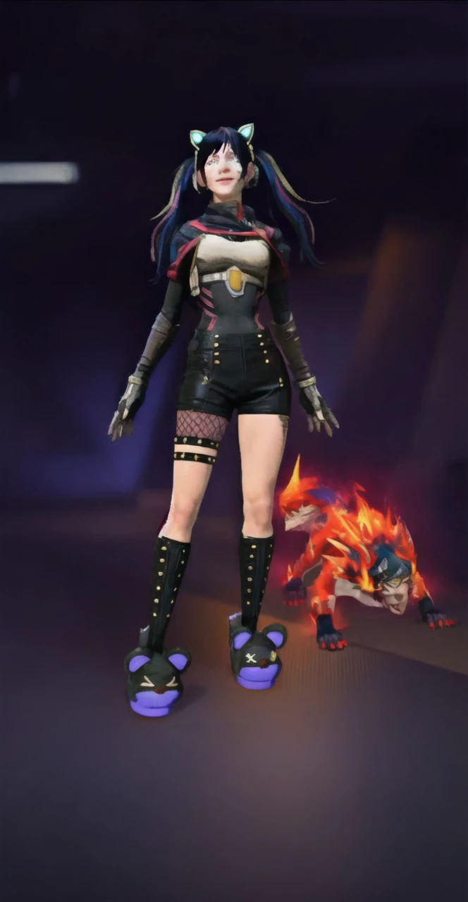 (masterpiece, best quality:1.2), solo, 1girl, solana, smile, looking at viewer, headband, cropped jacket, short sleeves, fingerless gloves, black thighhighs, belt