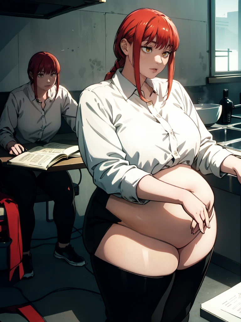 Le personnage Makima de la série animée Chainsaw Man, fragile, obésité morbide, ssbbw, pleine longueur (corps entier 1.1.), fond sombre, obscurité, anatomie correcte 1.1, anatomie correcte de la main, Très féminin, corps gras et rond, grosses Jambes, fesses, beau corps obèse, ventre rond et mou très gras, cheveux roux, Yeux oranges, Cercles rouges pour les écoliers, chemise blanche, jupe noire, cravate noire, pose sexy, réaliste, very détaillé, beau corps, détaillé body, détaillé hands, détaillé, vibrant, détaillé Face, Conception des personnages de Makima. very détaillé, détaillé body, détaillé hands, détaillé Face, Art animé, Hugh Détails, Visage très abattu, détaillé eyes, Illustration ultra fine, Meilleure ombre, détail fin, beautiful détaillé glow, beautiful détaillé, Extraordinairement beau, extremely détaillé, inexpressif, composition épique, Style animé. art animé, Style animé. Jupe noire, chemise blanche, cravatte, pose sexy