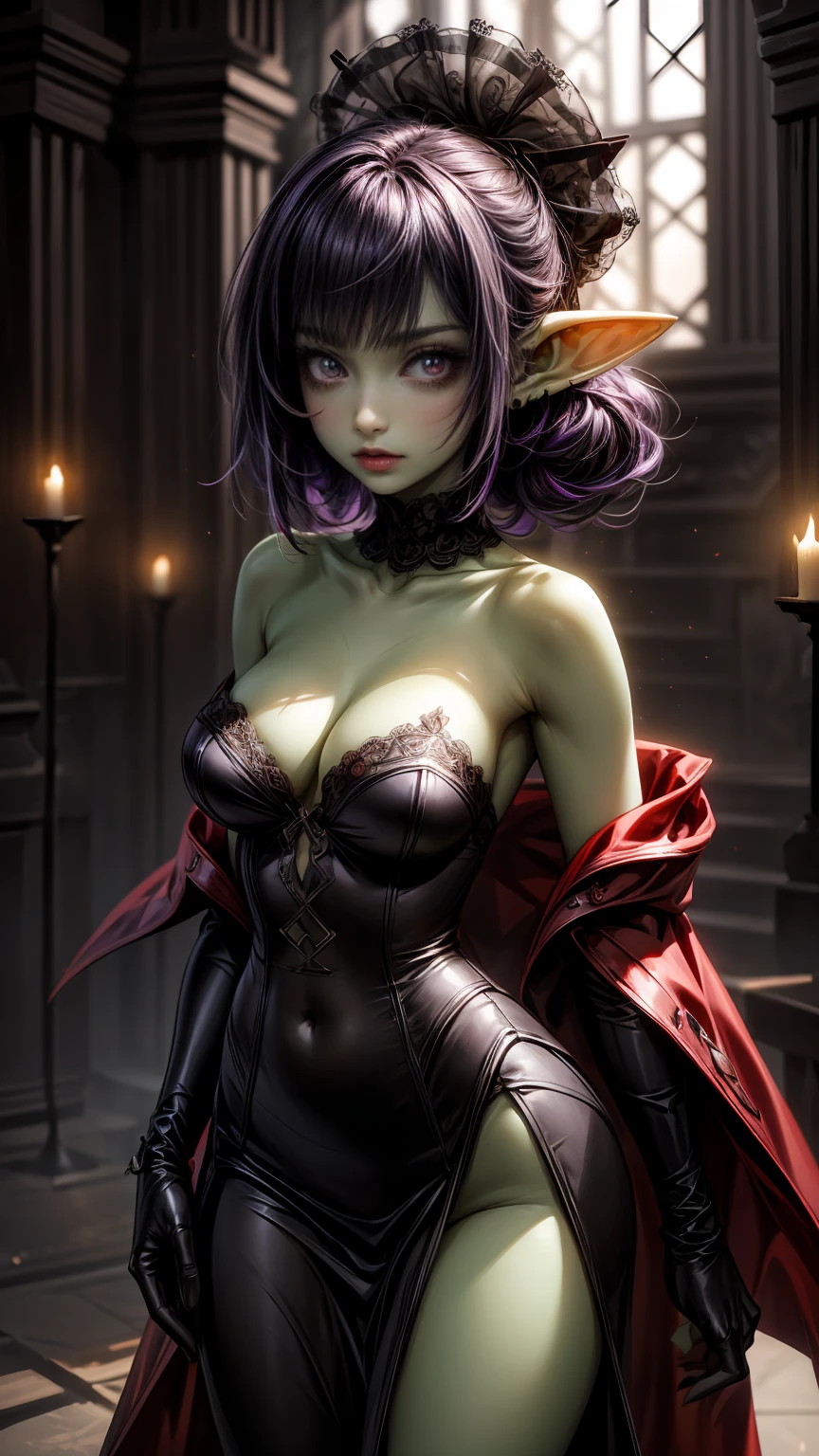absurdrez, ((best quality)), ((masterpiece)), (detailed), dark gothic horror style, Halloween style, very small goblin girl, (green skin), pointy ears, (short purple hair with black streaks pixie hairstyle), aloof expression, bright red eyes, superior attitude, sassy, smug, wearing ornate open boudoir robe, full body, elegant, beautiful, dynamic pose, cinematic still, detailed eyes, in a gothic ballroom, black and red jewelry, delicate, dark, dim lighting, backlit, rimlight, detailed breasts, undressing, removing black lace gloves, taking off black lace gloves