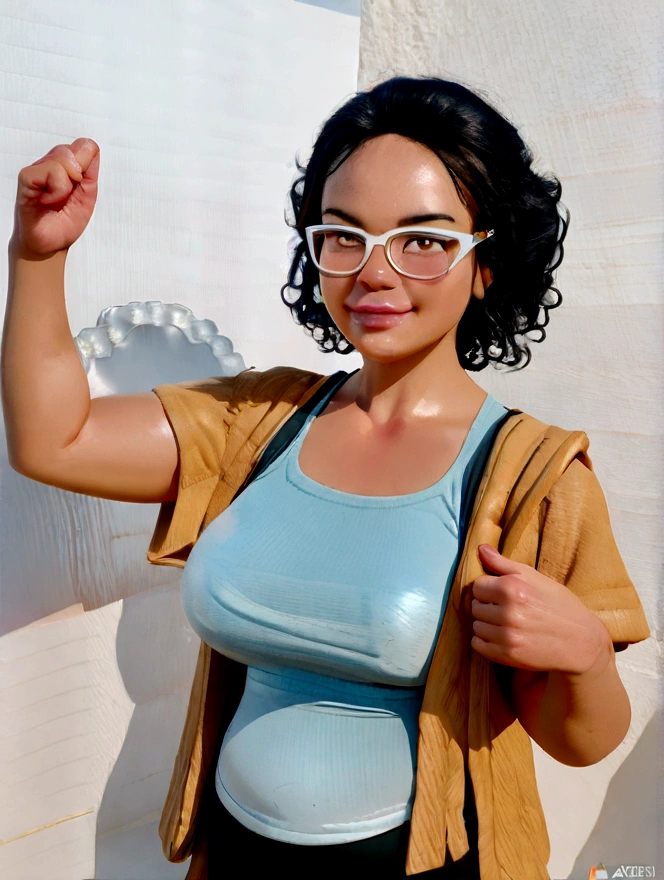 (best qualityer,4K,8K,high resolution,work of art:1.2),ultra detali,(realisitic,photorealisitic,photo-realisitic:1.37),rendered in 3D, Pixar-style, detailed beautiful woman with brown eyes, short curly hair, wearing white glasses, dancing, Disney-themed makeup, cute, smiling, close-up, Pixar and Disney characters, cinematic lighting