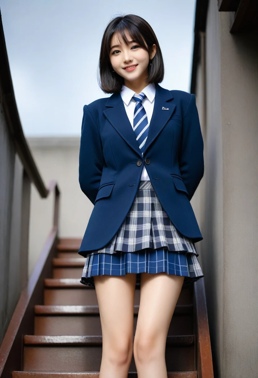 8K, Ultra-high resolution, Highest quality, masterpiece, 三分割法によるphotograph,Surreal, photograph, 1 Girl, (16 years old:1.3), pretty girl, Cute face, Beautiful eyes in every detail, 細かくdetailedに,masterpiece,, One Girl:1.2, Japan Female Announcer、Cowboy Shot,((very small head:1.3)),Center-parted bangs,amount,Black Hair,Short Bob,Long Hair,Iris,Gorgeous eyes,smile,((Toned body,Slender body,skinny)),(school uniform、Dark blue blazer jacket、Navy blue tie、Grey plaid pleated mini skirt,loafers),Glowing Skin,Shiny skin,Climbing the stairs,Fire escape in a building,Back view,Turn around and look at the audience,Beautiful leg line beauty,Captivating thighs,Full of sex appeal,Sensual,屈託のないsmile,Heal the heart,Ultra low angle、beauty,Long neck、Laugh a little、Please close your mouth and laugh、(((Ideal body type))),A cup small breasts :2,、Portraiture:2、Perfect Anatomy、鮮明なdetailed、detailed、Surreal、Light and shadow,Strong light