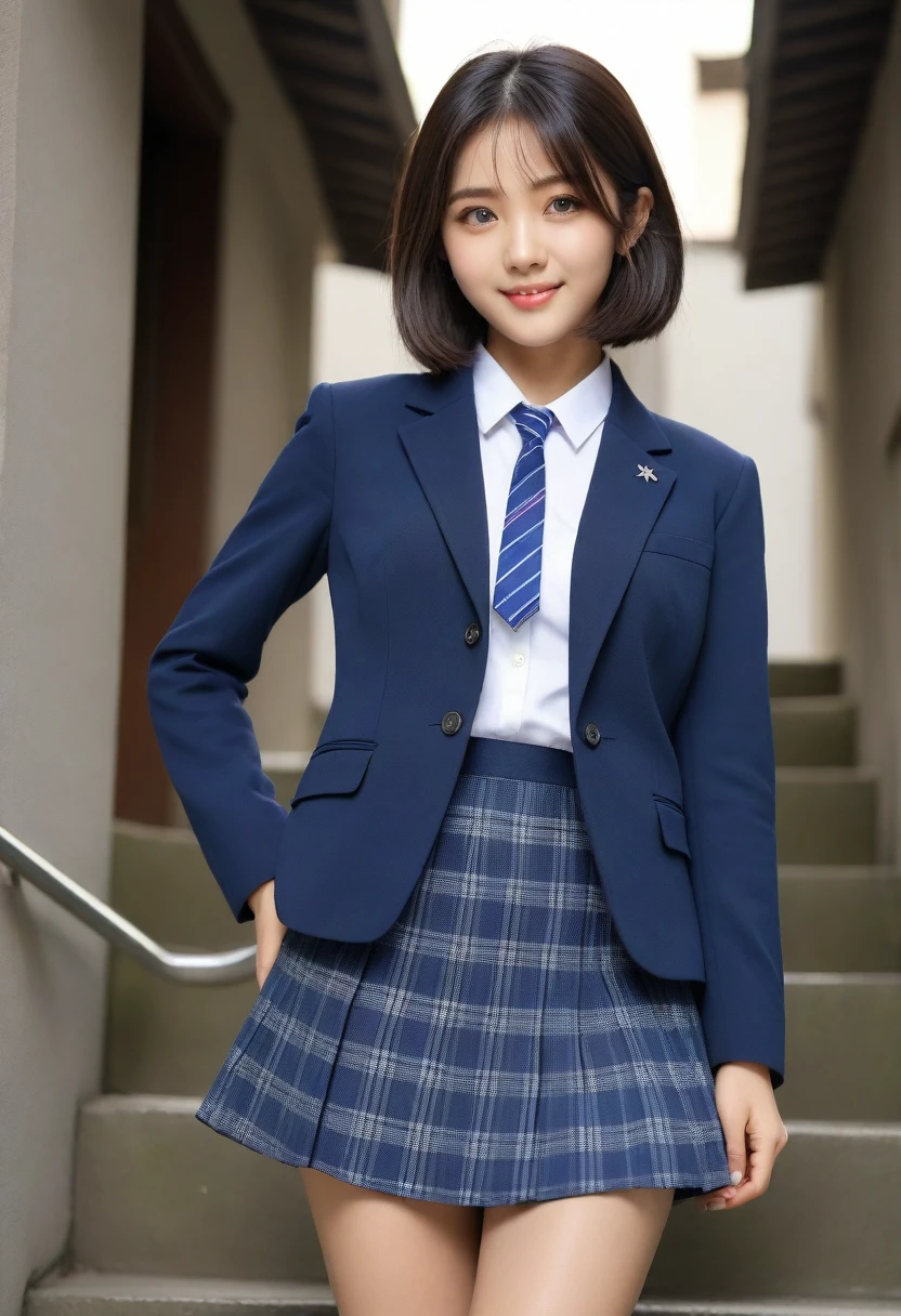 8K, Ultra-high resolution, Highest quality, masterpiece, 三分割法によるphotograph,Surreal, photograph, 1 Girl, (16 years old:1.3), pretty girl, Cute face, Beautiful eyes in every detail, 細かくdetailedに,masterpiece,, One Girl:1.2, Japan Female Announcer、Cowboy Shot,((very small head:1.3)),Center-parted bangs,amount,Black Hair,Short Bob,Long Hair,Iris,Gorgeous eyes,smile,((Toned body,Slender body,skinny)),(school uniform、Dark blue blazer jacket、Navy blue tie、Grey plaid pleated mini skirt,loafers),Glowing Skin,Shiny skin,Climbing the stairs,Fire escape in a building,Back view,Turn around and look at the audience,Beautiful leg line beauty,Captivating thighs,Full of sex appeal,Sensual,屈託のないsmile,Heal the heart,Ultra low angle、beauty,Long neck、Laugh a little、Please close your mouth and laugh、(((Ideal body type))),A cup small breasts :2,、Portraiture:2、Perfect Anatomy、鮮明なdetailed、detailed、Surreal、Light and shadow,Strong light