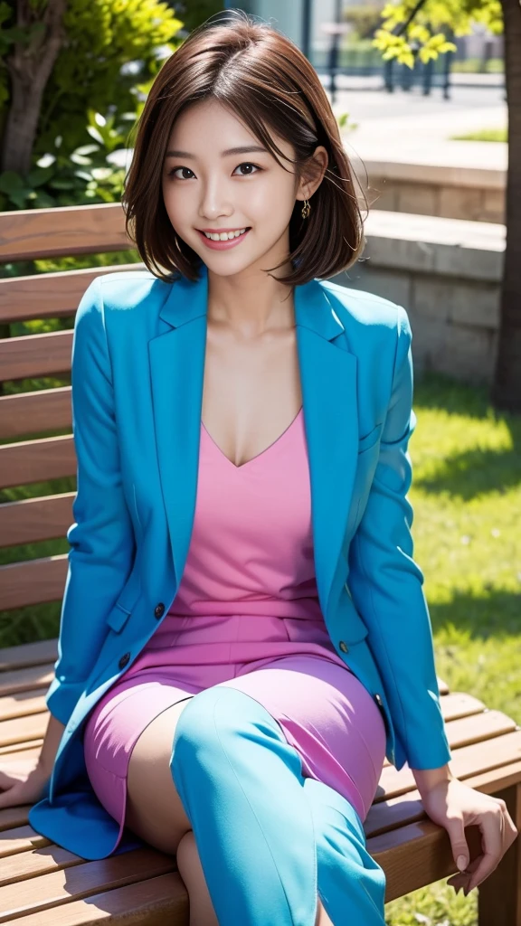 A scene of a woman wearing a colorful open-chested suit sitting on a bench on a sunny day with a great smile