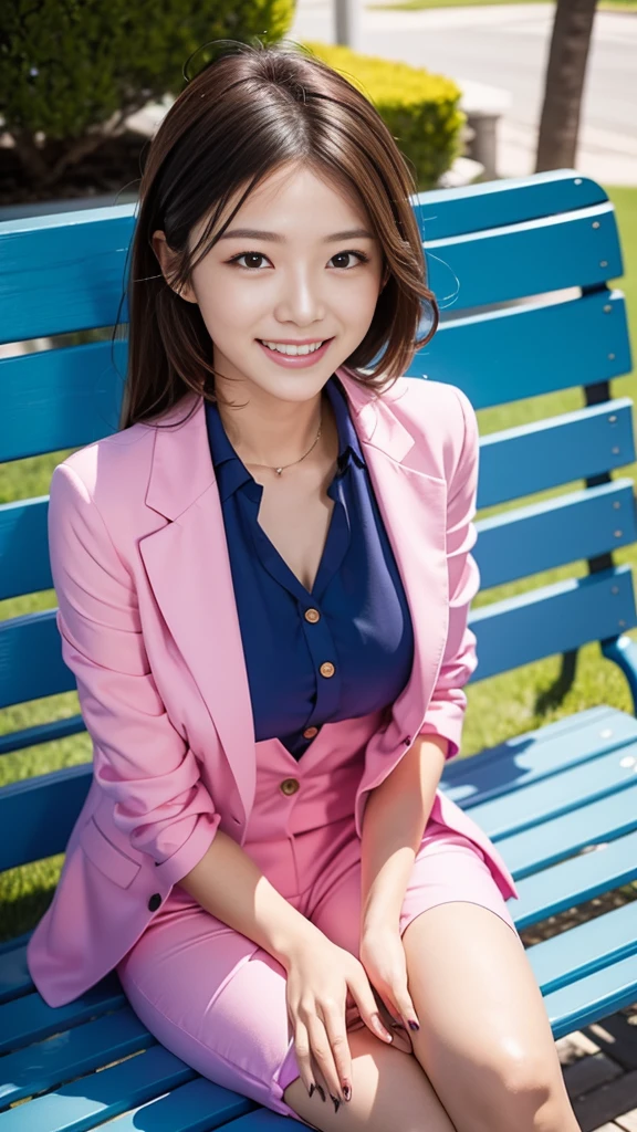 A scene of a woman wearing a colorful open-chested suit sitting on a bench on a sunny day with a great smile