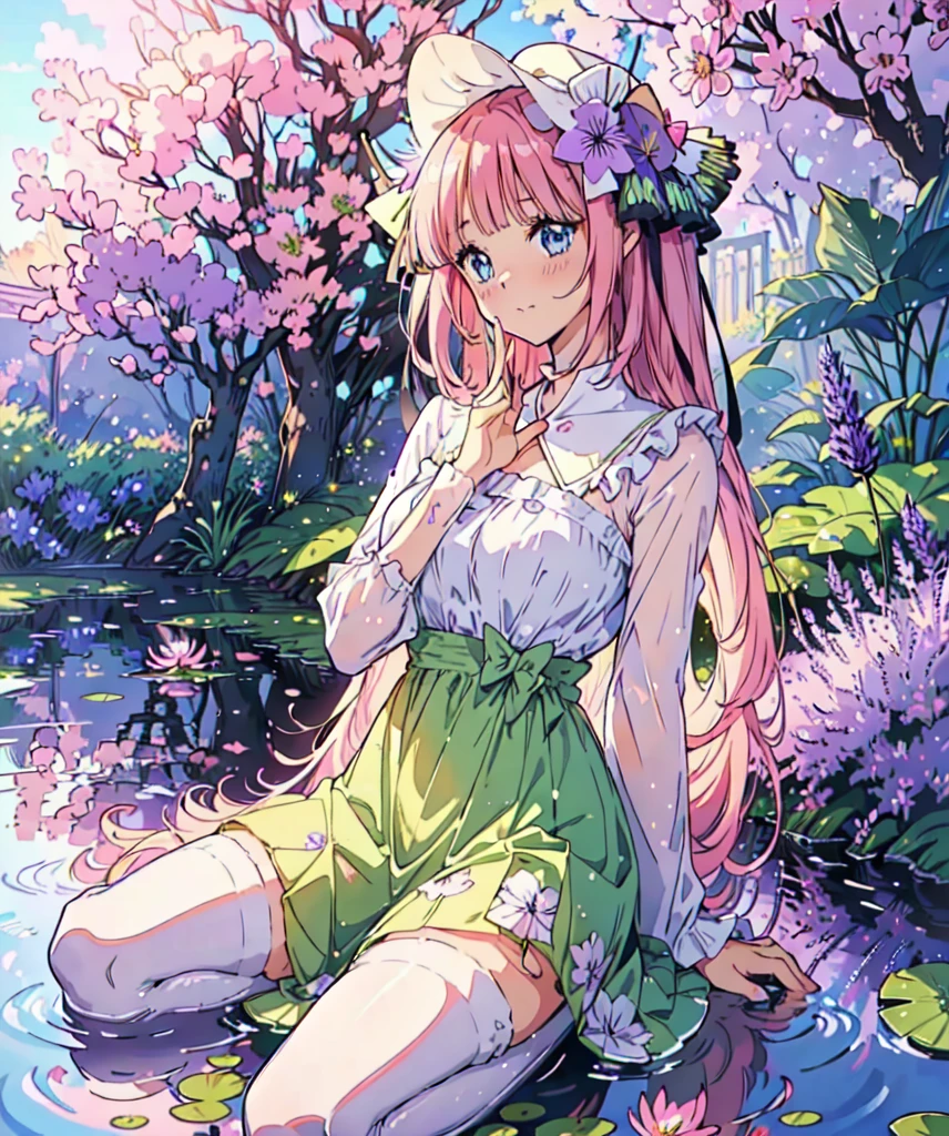 Nino nakano, dressed as sweetie belle from my little pony, solo, 1 girl, in a mythical garden: 2.0, (pink hair, coil curls: 2.5, dark blue heavenly eyes: 1.5, wearing a green and white dress, happy: 1.5, soft smile, her surroundings are ethereal, ((ultra realistic high quality top quality 4k)), one white thin really thin unicorn horn in her forehead: 3.0, bright sunny day: 1.urple and green flowers everywhere: 3.2, bushes, POND WITH LILY PADS: 3.0, jacaranda trees: 2.0, highly detailed jacaranda trees, green grass: 1.3, wearing a white summer hat with purple ribbon, summer dress with flower patterns, dainty features: 2.0,  like features: 2.0 two white cat ears: 1.0, ONE WHITE THIN THIN REALLY THIN HORN ON HER FOREHEAD, two white cat ears, pure white skin, green thigh high, highly detailed legging, purple heel, shiny hair, slightly shiny skin, sun rise, morning, shining ponds, lavender flower everywhere, shining eyes, soft gentle smile cute pink soft light blush,