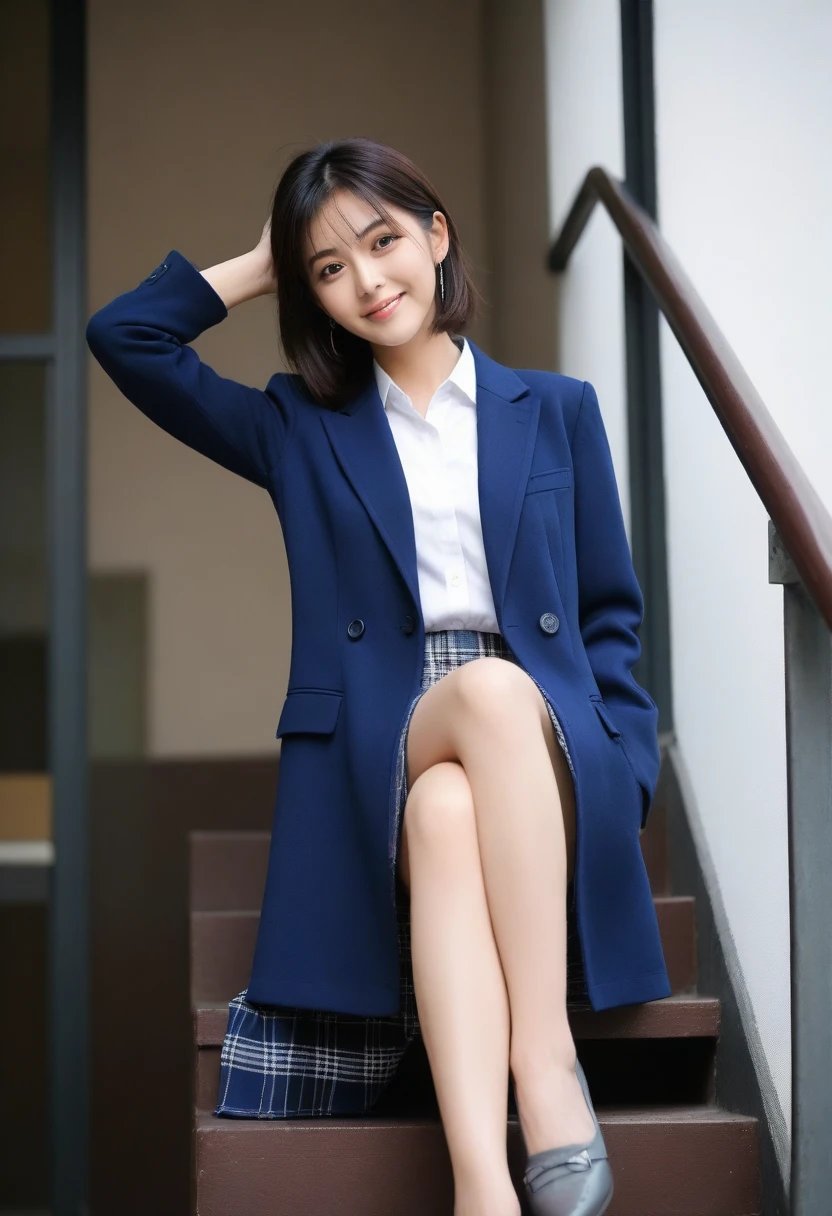 8K, Ultra-high resolution, Highest quality, masterpiece, 三分割法によるphotograph,Surreal, photograph, 1 Girl, (16 years old:1.3), pretty girl, Cute face, Beautiful eyes in every detail, 細かくdetailedに,masterpiece,, One Girl:1.2, Japan Female Announcer、Cowboy Shot,((very small head:1.3)),Center-parted bangs,amount,Black Hair,Short Bob,Long Hair,Iris,Gorgeous eyes,smile,((Toned body,Slender body,skinny)),(school uniform、Dark blue blazer jacket、Navy blue tie、Grey plaid pleated mini skirt,loafers),Glowing Skin,Shiny skin,Climbing the stairs,Fire escape in a building,Back view,Turn around and look at the audience,Beautiful leg line beauty,Captivating thighs,Full of sex appeal,Sensual,屈託のないsmile,Heal the heart,Ultra low angle、beauty,Long neck、Laugh a little、Please close your mouth and laugh、(((Ideal body type))),A cup small breasts :2,、Portraiture:2、Perfect Anatomy、鮮明なdetailed、detailed、Surreal、Light and shadow,Strong light
