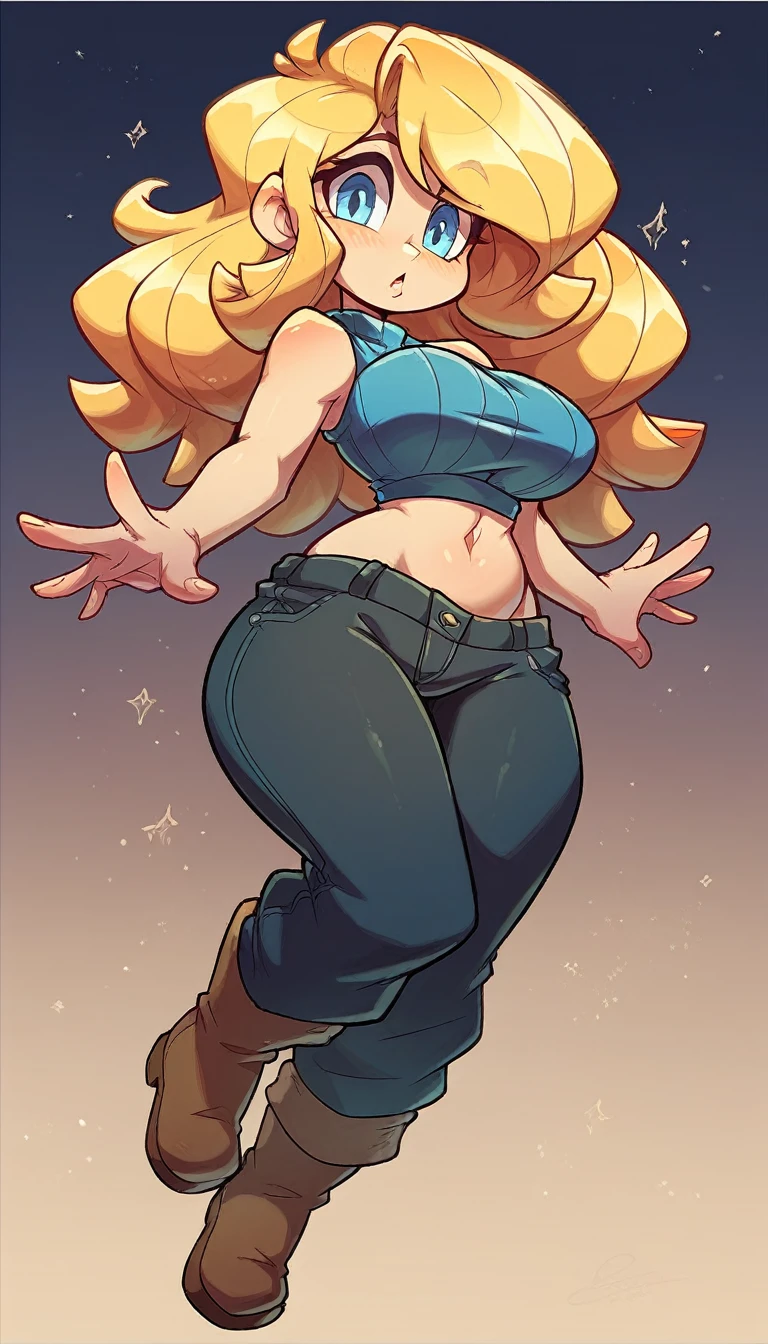 A tall girl medieval knight Sexy big breast cute knight long straight curly yellow hair her blue eye she wears blue sleeveless top shows navel and a long metallic black pants big thigh sexy brown boot 
