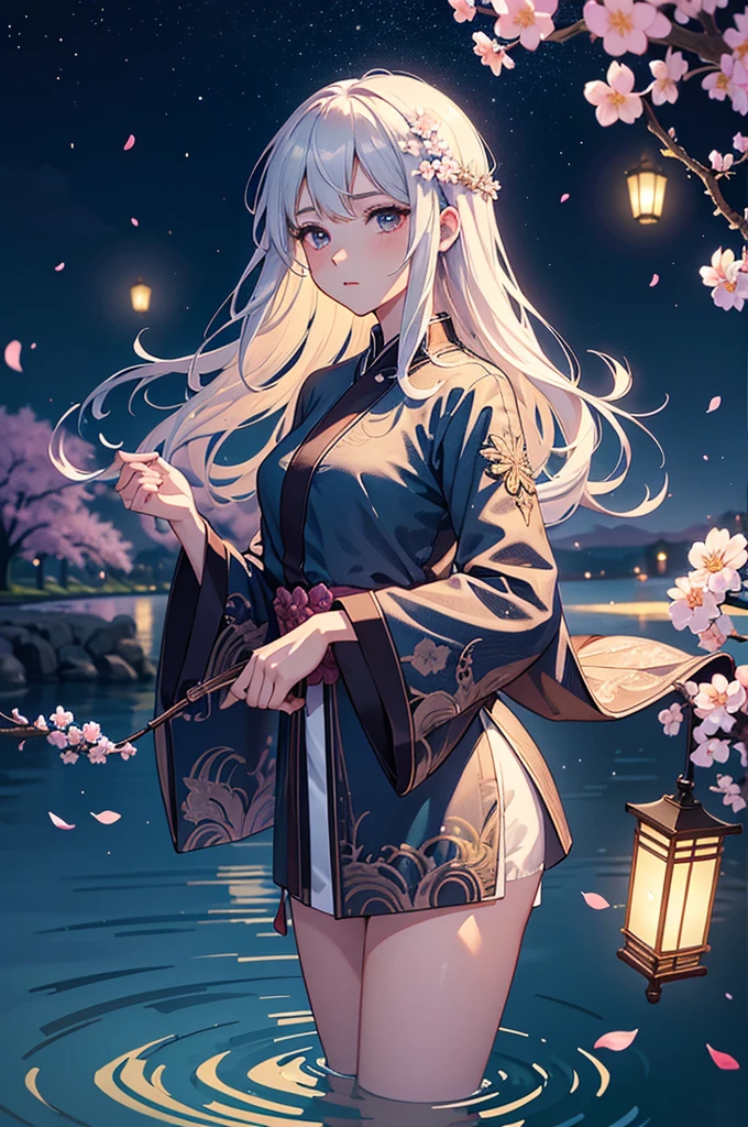 cinematic, (Artwork), (best quality), (ultra-detailed), very aesthetic, illustration, perfect composition, intricate details, absurdities, detailed face, (anime, Artwork, intricate:1.3), (best quality , hires textures, High detail:1.2), (4K),(incredibly detailed:1.4) 《Work of art》, 《best quality》, 《ultra-detailed》, Hot spring, mist, stones, cherry blossoms, glittery mist , moonlight, Sky, lots of stars in the Sky, water reflections of the night Sky, floating lanterns above the water, flower petals in the water, moon in the Sky, Anime art style, worldofmist,