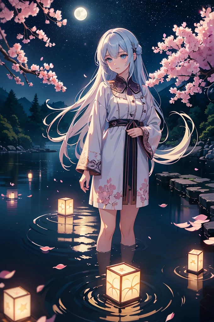 cinematic, (Artwork), (best quality), (ultra-detailed), very aesthetic, illustration, perfect composition, intricate details, absurdities, detailed face, (anime, Artwork, intricate:1.3), (best quality , hires textures, High detail:1.2), (4K),(incredibly detailed:1.4) 《Work of art》, 《best quality》, 《ultra-detailed》, Hot spring, mist, stones, cherry blossoms, glittery mist , moonlight, Sky, lots of stars in the Sky, water reflections of the night Sky, floating lanterns above the water, flower petals in the water, moon in the Sky, Anime art style, worldofmist,