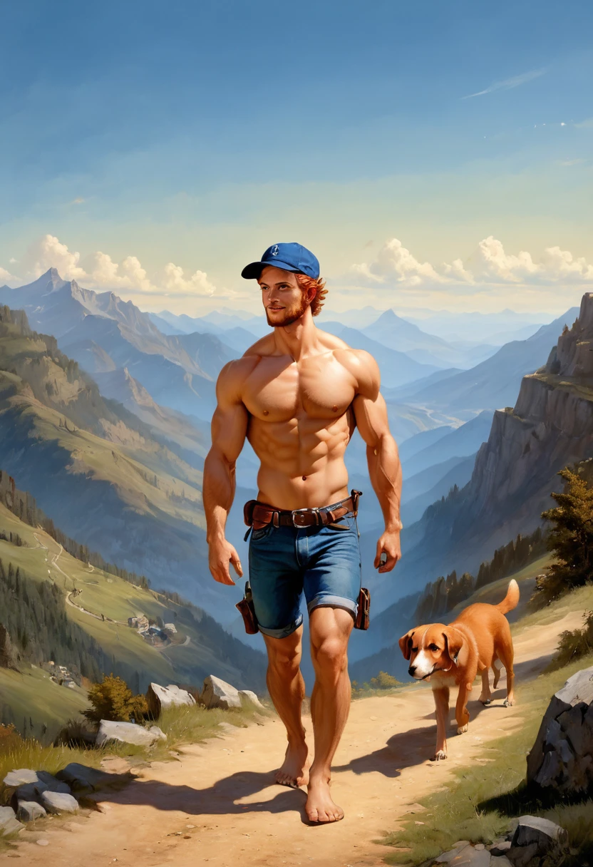 1 man walking on a mountain rural pathway wearing lumberjack shirt, blue jeans, brown bots, blue indigo back bag, blue cap, smiling , by Aaron Horkey and Jeremy Mann, masterpiece, best quality, Photorealistic, ultra-high resolution, photographic light, illustration by MSchiffer, fairytale, Hyper detailed
A mixture of photography and painting, Composition of Perfect Divine Proportione, 8k resolution fullbody image,(( view from the front)) full body, oil painting
A young man, white skin, ginger, barbed, hairy body, thin face, straight nose, thin lips, square chin, large light blue eyes, short red wavy hair, in roberto ferri style, aesthetic slim athletic body, ginger realistic skin, gorgeous, detailed tonned muscles, barefoot, perfect anatomy, muscled fitness body, in caravagio+rubens+rembrant art style. Young man, perfect anatomy, , energetic splendid, Barefoot, naked, small flacid penis, slim and detailed muscles, shirtless, pantless, fullbody,
the composition of shadows and lights give an atmosphere of spaciousness,
he is walking on a mountain rural pathway wearing lumberjack shirt, blue jeans, brown bots, blue indigo back bag, blue cap, smiling natural lighting,
in the backgrund, moutains, clouds, sunrice a small brown dog