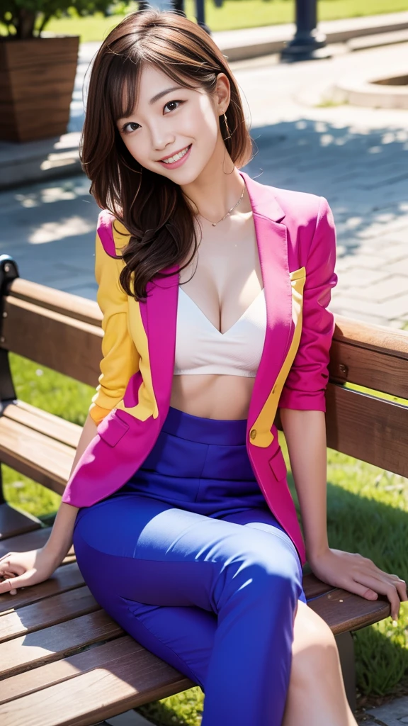 A scene of a woman wearing a colorful open-chested suit sitting on a bench on a sunny day with a great smile