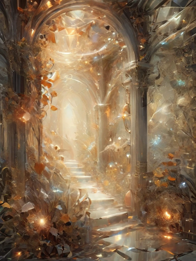 Faye, One, In a secret hideout, The enchanting garden invites you, Delicate flowers that give off a magical feeling, Makes objects made of Lal Amber appear transparent, Intricate details, Abstract, Whimsical,
