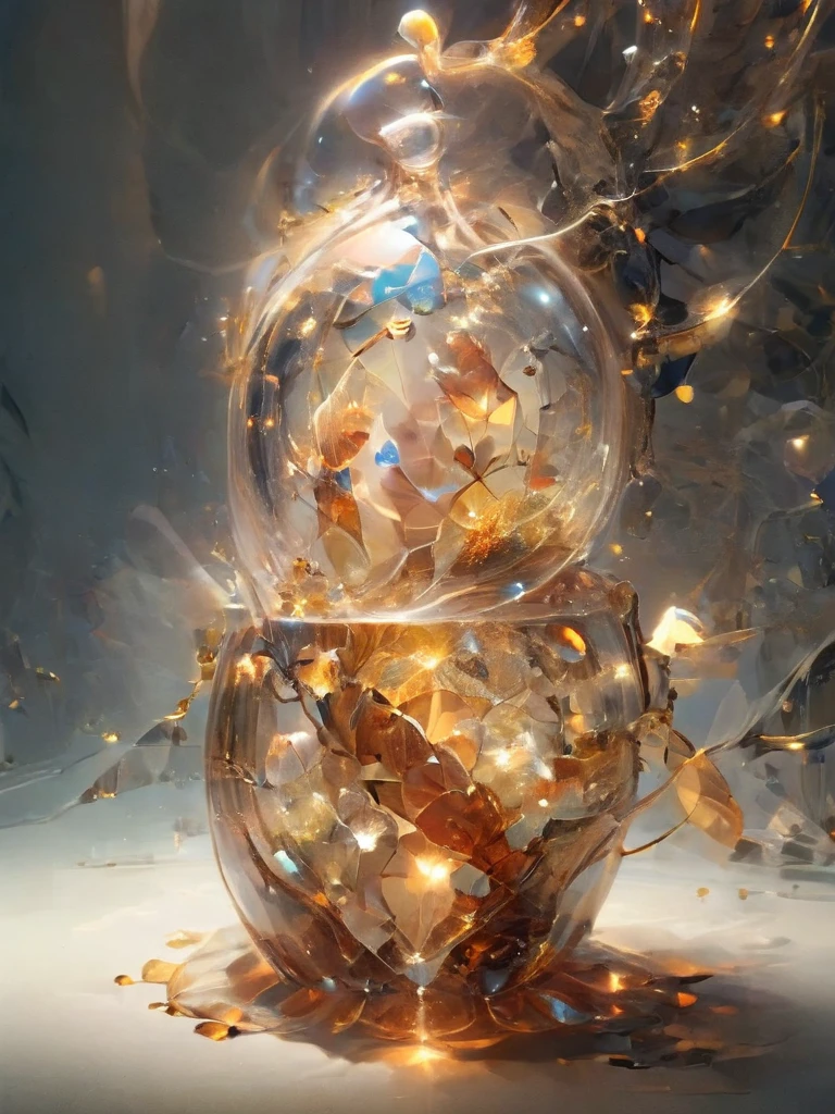 Faye, One, In a secret hideout, The enchanting garden invites you, Delicate flowers that give off a magical feeling, Makes objects made of Lal Amber appear transparent, Intricate details, Abstract, Whimsical,