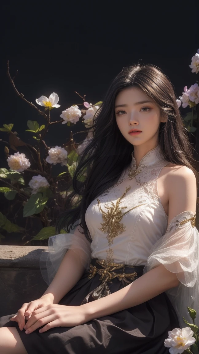 1girl, girl with long black hair, smiling, cheerful, girl is sitting among a wide expanse of flowers, surrounded by beautiful flowers, Calm and peaceful atmosphere, night, moonlight , Beautiful glowing butterflies surround the girl lighting up the darkness of the night, magic,Romantic, the night breeze blows the Sepoi Sepoi girl's hair,