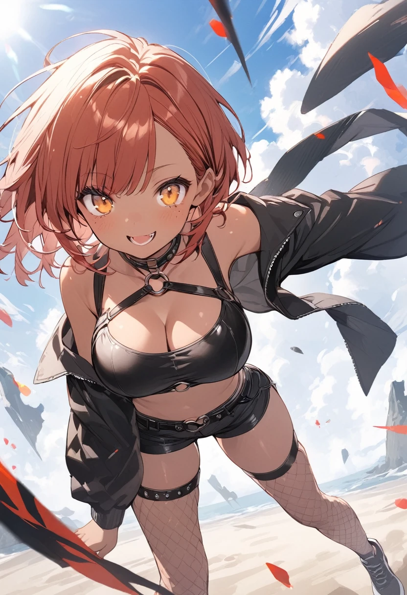 full body,1 woman, 20 years old (cute:1.3),short red Hair, left eye blue, right eye yellow, tan skin, freckles,{open sexy clothes, black skirt, Black stockings, long sleeves, chest harness, black shirt, crop top, shorts, Shoes, O-Ring, midriff, off shoulder, big breasts, thigh strap, shorts, fishnet stockings,Glossy, shiny material, sprinting across the frame