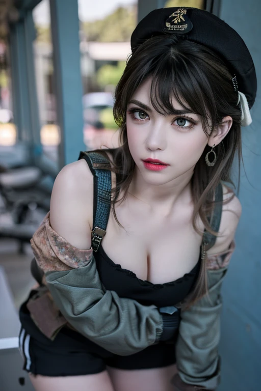 19 years old, (milf:0.8), (solo:1.5), (sfw:1.25), sexy breast, beautiful breasts, (medium tits:0.8), thin waist, big ass:1.0, Raised sexy, (black beret,black military jacket, open clothes, cleavage, midriff, black shorts, black thighhighs, thigh strap, fingerless gloves, single glove:1.2), blue eyes, light smile, big , Revimpling fabric, earrings, Hand gloves, detailed face,(hold a cigarette:1.1),long hair,side ponytail,hair between eyes,bangs,detailed and beautiful eyes,beautiful detailed lips,Rolling her eyes,manner,hair over one eye, (ultra high resolution, 8K RAW photo, photo realistics, thin outline:1.3, clear focus), best qualtiy, natural lighting, textile shading, field depth, (Bright pupils, fine detailed beautiful eyes with highlight:1.3, high detailed face), Red lip, fine realistic skins:1.1, looking down viewers:1.3, (dynamic angle:1.3, front view:1.1, breast focus:1.3, from above:1.2), (dynamic posing:1.5, sexy posing:1.2),Youghal, side lock, hair ornaments,nice,garden background,artistic rendering,Super detailed,(highest quality,4k,8K,High resolution,masterpiece:1.2),Bright colors,studio lighting ,at military base in usa