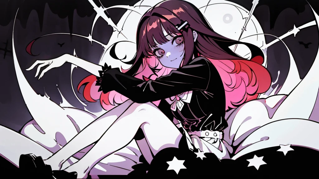 ((best quality)), ((masterpiece)), (detailed), perfect face, 1girl, nakano itsuki, smiling, whimsical, triad color pallette, hugging knees, looking at viewer, pink water droplets, smiling, flat colouring, full body, blank space on the left, fluffy red hair, star hairclips studio lighting:1.2), goth style, red hair, 1 girl, nakano_itsuki, black and white manga style,Junji Ito,horor,hight contrast,extreme shadows,haunting atmosphere,scary and mysterious scenes,mind-blowing visuals,creepy and unsettling,meticulous cross workmanship,emotionally charged,psychological terror,, goth girl, goth outfit, Exquisite details,nightmare inducing,artistically stylized,expressive characters,intricate patterns,Terrible expectation,gothic and macabre,anxiety inducing,pitch black backgrounds,disturbing compositions,intense and mysterious,Masterful narrative,foreboding atmosphere,strange and supernatural,captivating and disturbing narratives,Subtle symbolism,dark and twisted,unforgettable horor experience,sublime e surreal,exploring the depths of the human psyche,psychological horor at its best,Convincing and thought-provoking,transcending the limits of reality and imagination