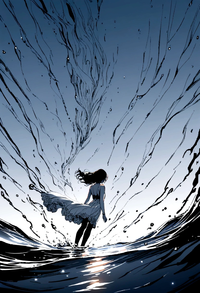 young woman falling into a river, back facing the water when falling