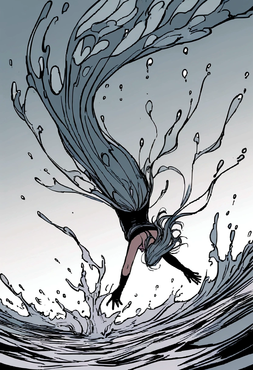 young woman falling into a river, back facing the water when falling