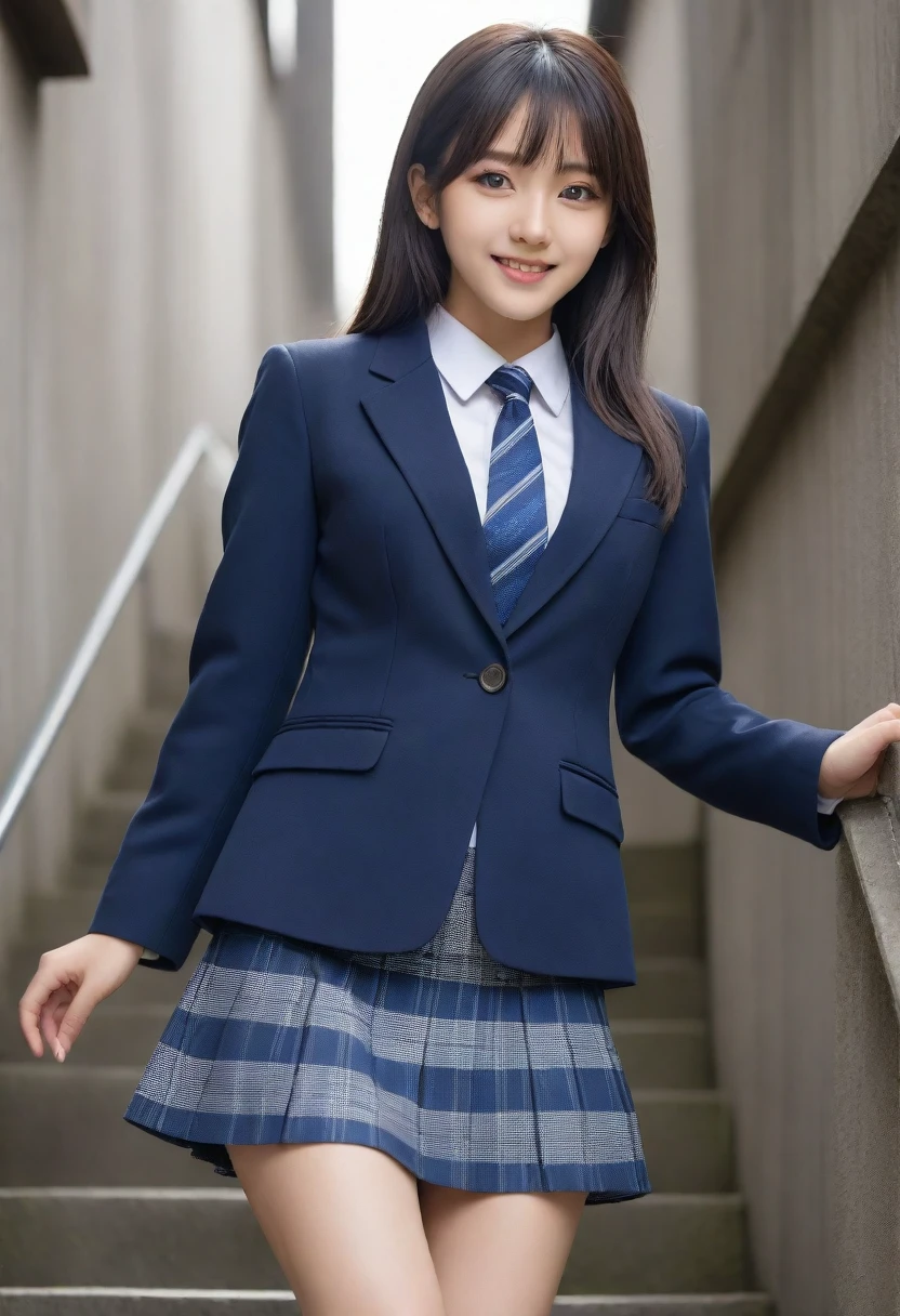 8K, Ultra-high resolution, Highest quality, masterpiece, Rule of thirds photograph,surreal, photograph, 1 Girl, (16 years old:1.3), pretty girl, Cute face, Beautiful eyes in every detail, Detailed,masterpiece,, One Girl:1.2, Japan Female Announcer、Cowboy Shot,((very small head:1.3)),Center-parted bangs,amount,Black Hair,Short Bob,Long Hair,Iris,Gorgeous eyes,smile,((Toned body,Slender body,skinny)),(school uniform、Dark blue blazer jacket、Navy blue tie、Grey plaid pleated mini skirt,loafers),Glowing Skin,Shiny skin,Climbing the stairs,Fire escape in a building,Back view,Turn around and look at the audience,Beautiful leg line beauty,Captivating thighs,Full of sex appeal,sensuous,A carefree smile,Heal the heart,Ultra low angle、beauty,Long neck、Laugh a little、Please close your mouth and laugh、(((Ideal body type))),A cup small breasts :2,、Portraiture:2、Perfect Anatomy、Vividly detailed、detailed、surr and
1 boy eal、Light and shadow,Strong light