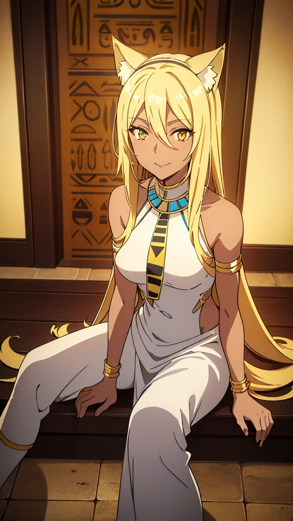 (1girl ,solo,20s,mature female),blonde hair,long hair,cat ears,yellow eyes,(((dark skin))),(Egypt party in a house,night),white elegant egypt outfit,bare shoulders,looking at view,smile,ballons