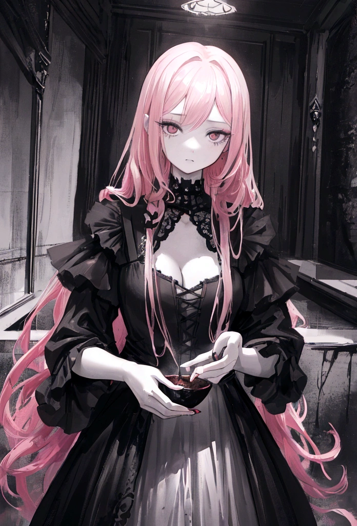 a photorealistic digital painting of a young girl with long pink hair and black eyes, wearing a black dress, eating a human being, dark fantasy, dramatic lighting, highly detailed, intricate details, complex composition, moody and unsettling atmosphere, cinematic, masterpiece