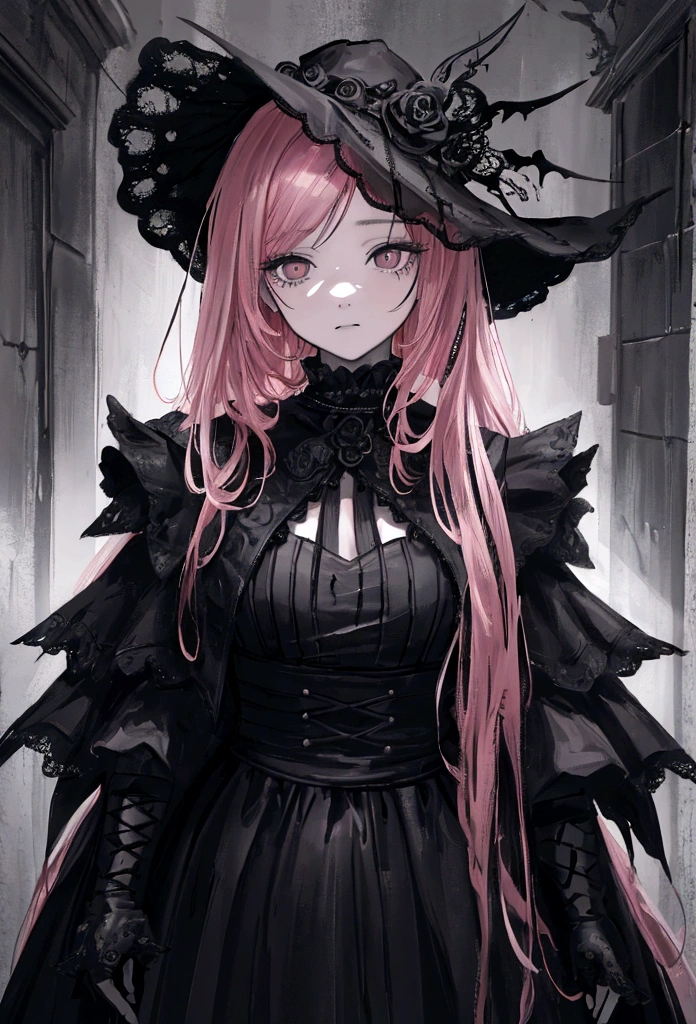 a photorealistic digital painting of a young girl with long pink hair and black eyes, wearing a black dress, eating a human being, dark fantasy, dramatic lighting, highly detailed, intricate details, complex composition, moody and unsettling atmosphere, cinematic, masterpiece