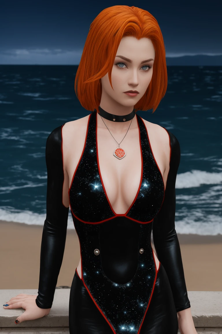 Supermodel's alluring gaze shines bright under the soft glow of moonlight and the direction of a camera's spotlight, as she lays effortlessly on the steps leading down to the ocean's edge. The darkness is illuminated by the subtle beam, accentuating her fiery locks and Louis Vuitton-covered form. The stars twinkle above, mirroring the diamonds on her necklace. A stunning night shoot captures this ravishing redhead in all her glory. rayneclassic