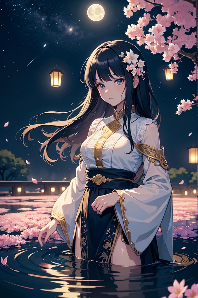 cinematic, (artwork), (best quality), (ultra-detailed), very aesthetic, illustration, perfect composition, intricate details, absurdities, (anime, artwork, intricate:1.3), (best quality, hire textures , High detail:1.2), (4K),(incredibly detailed:1.4) 《Work of art》, 《best quality》, 《ultra-detailed》, Hot spring, mist, stones, cherry blossoms, glittery mist, moonlight, Heaven, lots of stars in the Heaven, water reflections of the night Heaven, floating lanterns above the water, flower petals in the water, moon in the Heaven, Anime art style, worldofmist, no character