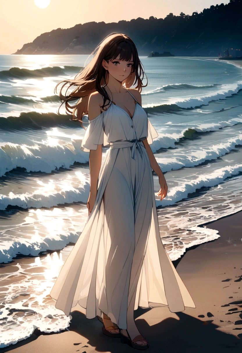 a beautiful young brunette woman standing from behind on a beach