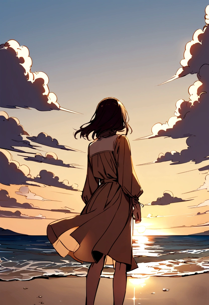a beautiful young brunette woman standing from behind on a beach