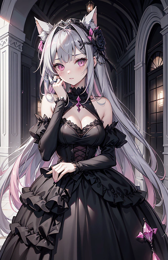 A 17-year-old girl, with gray hair and pink-toned eyes. Thin and pale skin, wearing a black dress with tulle and some accessories on her head, Serene expression. Best quality.