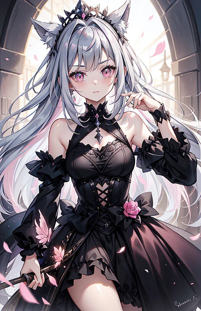 A 17-year-old girl, with gray hair and pink-toned eyes. Thin and pale skin, wearing a black dress with tulle and some accessories on her head, Serene expression. Best quality.