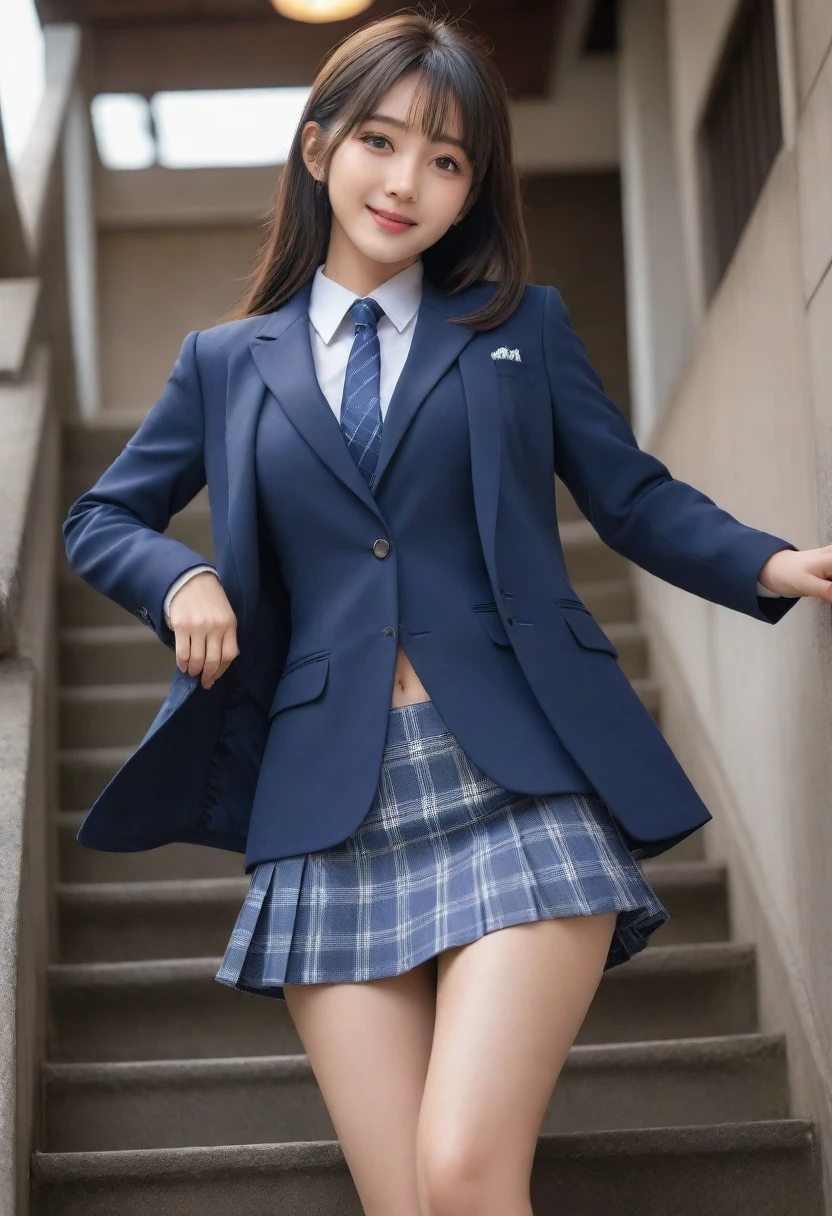 8K, Ultra-high resolution, Highest quality, masterpiece, Rule of thirds photograph,surreal, photograph, 1 Girl, (16 years old:1.3), pretty girl, Cute face, Beautiful eyes in every detail, Detailed,masterpiece,, One Girl:1.2, Japan Female Announcer、Cowboy Shot,((very small head:1.3)),Center-parted bangs,amount,Black Hair,Short Bob,Long Hair,Iris,Gorgeous eyes,smile,((Toned body,Slender body,skinny)),(school uniform、Dark blue blazer jacket、Navy blue tie、Grey plaid pleated mini skirt,loafers),Glowing Skin,Shiny skin,Climbing the stairs,Fire escape in a building,Back view,Turn around and look at the audience,Beautiful leg line beauty,Captivating thighs,Full of sex appeal,sensuous,A carefree smile,Heal the heart,Ultra low angle、beauty,Long neck、Laugh a little、Please close your mouth and laugh、(((Ideal body type))),A cup small breasts :2,、Portraiture:2、Perfect Anatomy、Vividly detailed、detailed、surrea and 1 boyl、Light and shadow,Strong light