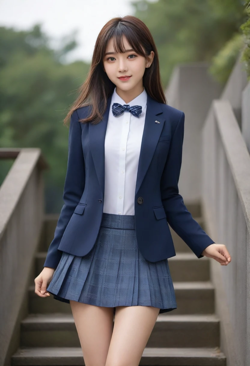 8K, Ultra-high resolution, Highest quality, masterpiece, Rule of thirds photograph,surreal, photograph, 1 Girl, (16 years old:1.3), pretty girl, Cute face, Beautiful eyes in every detail, Detailed,masterpiece,, One Girl:1.2, Japan Female Announcer、Cowboy Shot,((very small head:1.3)),Center-parted bangs,amount,Black Hair,Short Bob,Long Hair,Iris,Gorgeous eyes,smile,((Toned body,Slender body,skinny)),(school uniform、Dark blue blazer jacket、Navy blue tie、Grey plaid pleated mini skirt,loafers),Glowing Skin,Shiny skin,Climbing the stairs,Fire escape in a building,Back view,Turn around and look at the audience,Beautiful leg line beauty,Captivating thighs,Full of sex appeal,sensuous,A carefree smile,Heal the heart,Ultra low angle、beauty,Long neck、Laugh a little、Please close your mouth and laugh、(((Ideal body type))),A cup small breasts :2,、Portraiture:2、Perfect ???????、Vividly detailed、detailed、surrea and 1 boyl、Light and shadow,Strong light