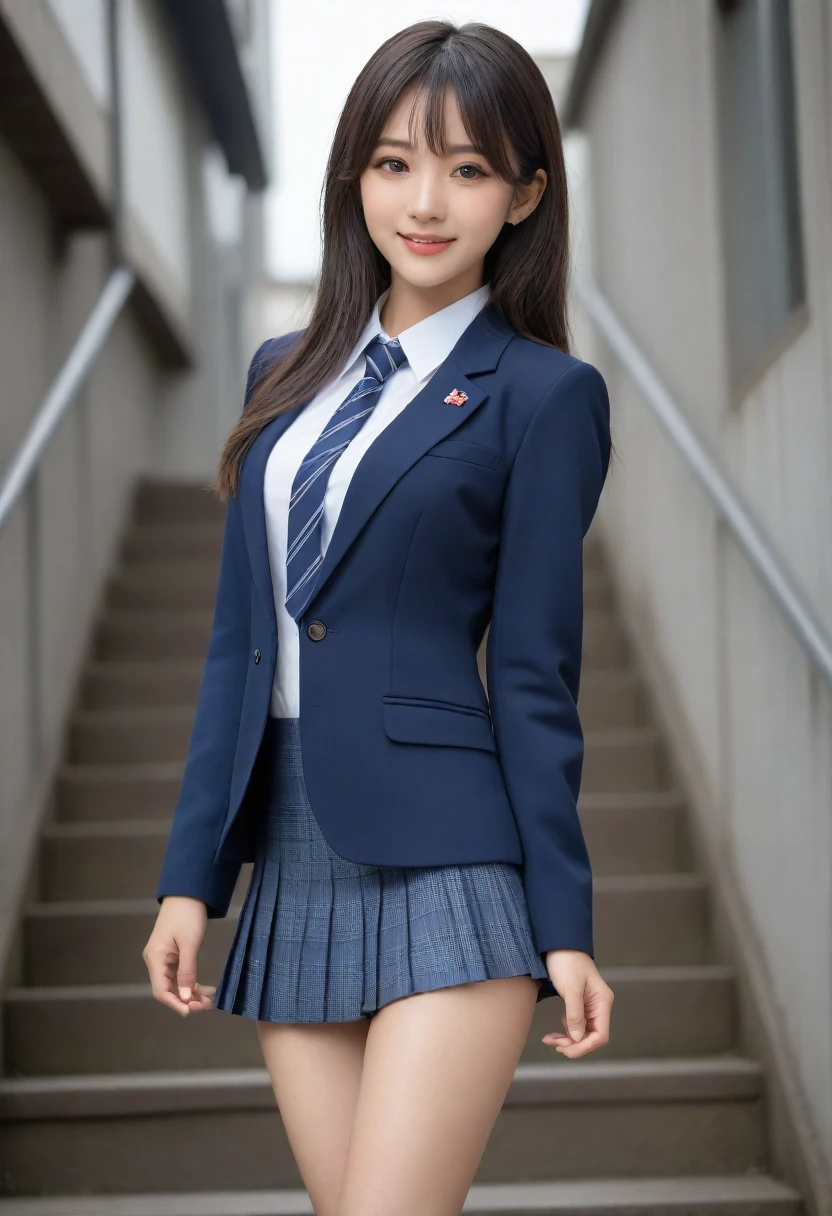 8K, Ultra-high resolution, Highest quality, masterpiece, Rule of thirds photograph,surreal, photograph, 1 Girl, (:1.3), pretty girl, Cute face, Beautiful eyes in every detail, Detailed,masterpiece,, One Girl:1.2, Japan Female Announcer、Cowboy Shot,((very small head:1.3)),Center-parted bangs,amount,Black Hair,Short Bob,Long Hair,Iris,Gorgeous eyes,smile,((Toned body,Slender body,skinny)),(school uniform、Dark blue blazer jacket、Navy blue tie、Grey plaid pleated mini skirt,loafers),Glowing Skin,Shiny skin,Climbing the stairs,Fire escape in a building,Back view,Turn around and look at the audience,Beautiful leg line beauty,Captivating thighs,Full of sex appeal,sensuous,A carefree smile,Heal the heart,Ultra low angle、beauty,Long neck、Laugh a little、Please close your mouth and laugh、(((Ideal body type))),A cup small breasts :2,、Portraiture:2、Perfect Anatomy、Vividly detailed、detailed、surrea and 1 boyl、Light and shadow,Strong light