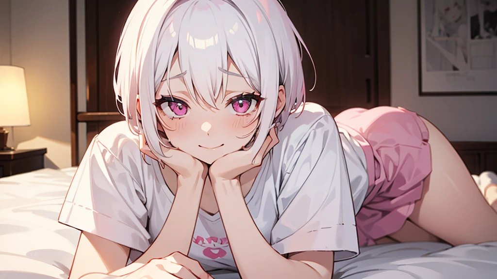 White Hair Girl、Pink Eyes、Short Hair、Only one girl、Night、In the bedroom、Blushing、laughing、Excited、Just One、Sitting on the bed、Sweating、On all fours