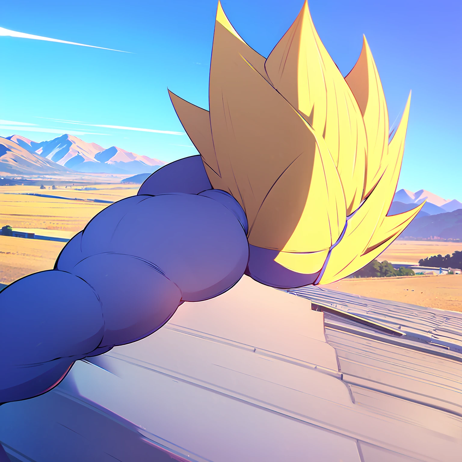 1boy, vegetass2, bodysuit, blue bodysuit, looking at viewer, blonde hair, gloves, green eyes, male focus, white gloves, armor, muscular, spiked hair, saiyan armor, from Dragon Ball Z, straddle stance, (huge muscles:1.6), full body, yellow aura, electricity, Dragon Ball Z artstyle, in the style of Akira Toriyama, white tiled floor, outdoors, flat-top mountains, Extreme Wide shot, Low Angle Shot, , masterpiece, best quality, very aesthetic, absurdres,