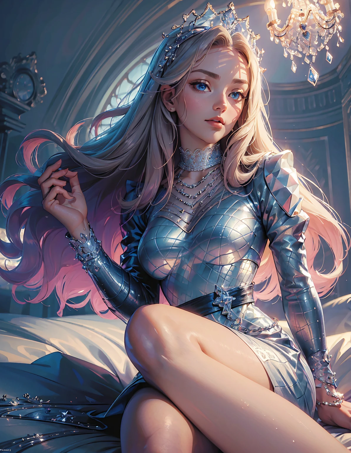 (Best quality,4K,A high resolution,masterpiece:1.2),ultra detailed,realistic,portrait,Beautiful girl,beautiful lady uniform,mesmerizing eyes,curly business hair,fine features,elegant pose,white renaissance dress,unearthly beauty,glowing aura,white lace face mask,atmosphere of the aristocracy,soft lighting,bed colors