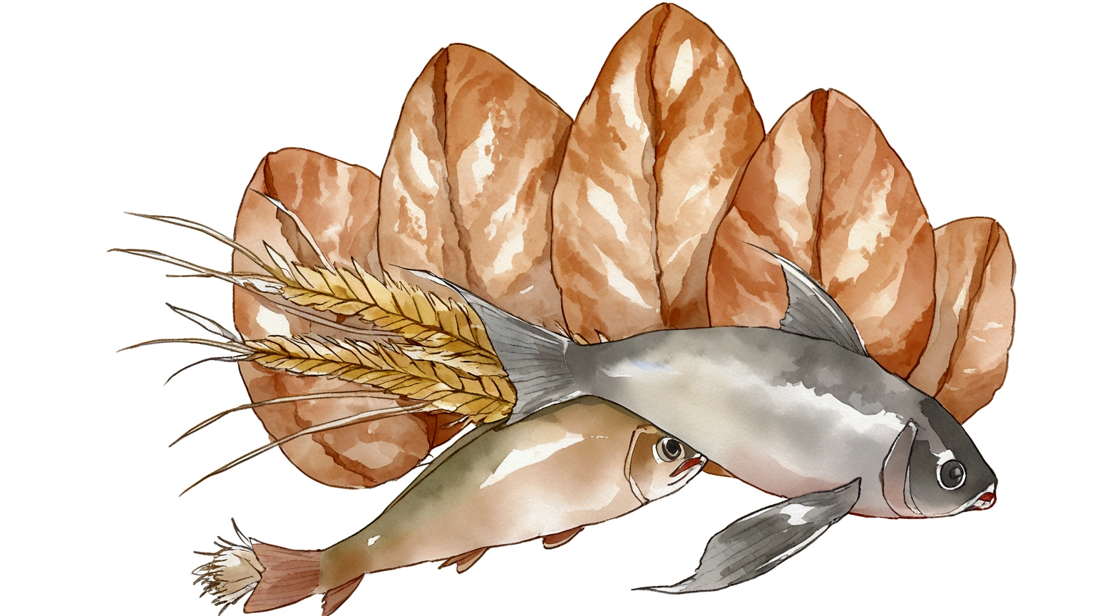 watercolor Five Loaves and Two Fish