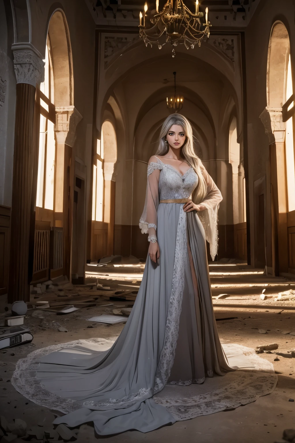 best quality,4K,8k,high resolution masterpiece:1.2),Ultra-detailed. A pretty girl with gray hair and honey-colored eyes in an old abandoned castle in Tunisia at night, well-dressed and chic